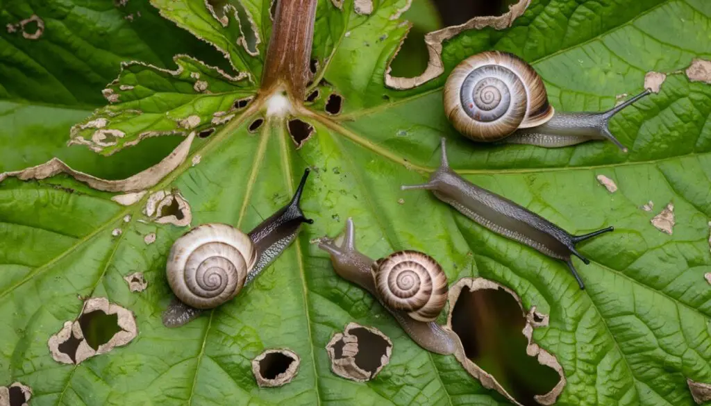 A close-up image of slugs and snails on a green leaf with visible holes and bite marks, indicating plant damage caused by these pests.