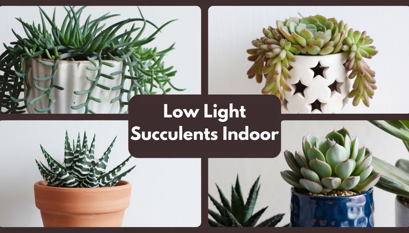 A collage of four different succulent plants in individual pots against a white background with the text “Low Light Succulents Indoor” overlaying in the center.