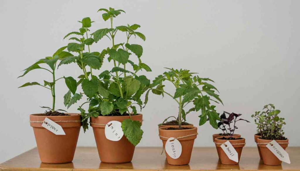 Five potted herbs labeled with tags on a light background.