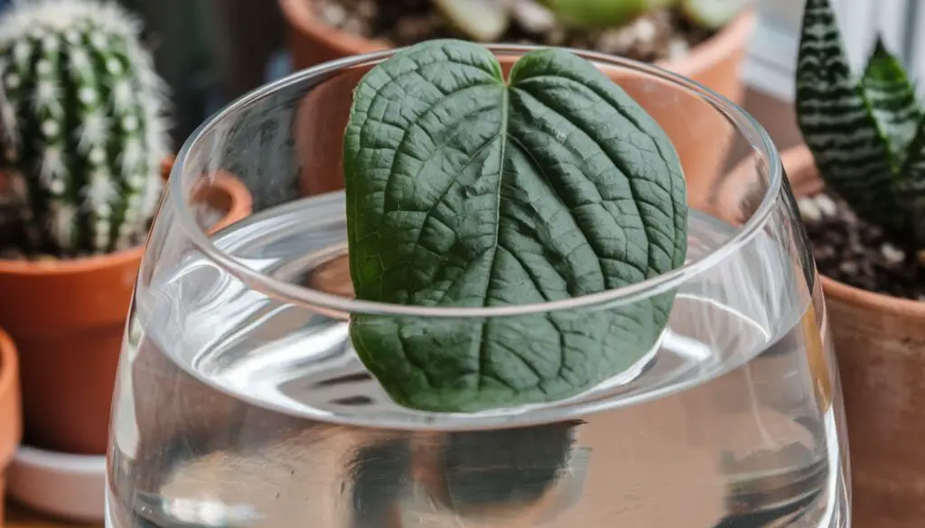 A single African violet leaf is partially submerged in a clear glass of water, with the stem end dipped into the liquid, for propagation purposes.