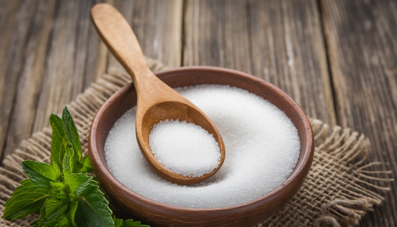 A wooden bowl filled with white granulated sweetener, with a wooden spoon resting on top, surrounded by fresh green stevia leaves on a rustic wooden table.