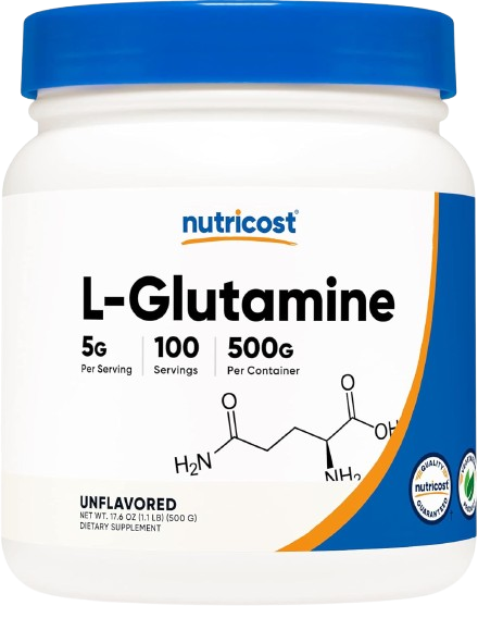 A white L-Glutamin Nutricost package.