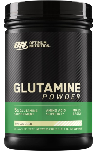 A Black and green Optimun Nutrition Glutamine Powder package.