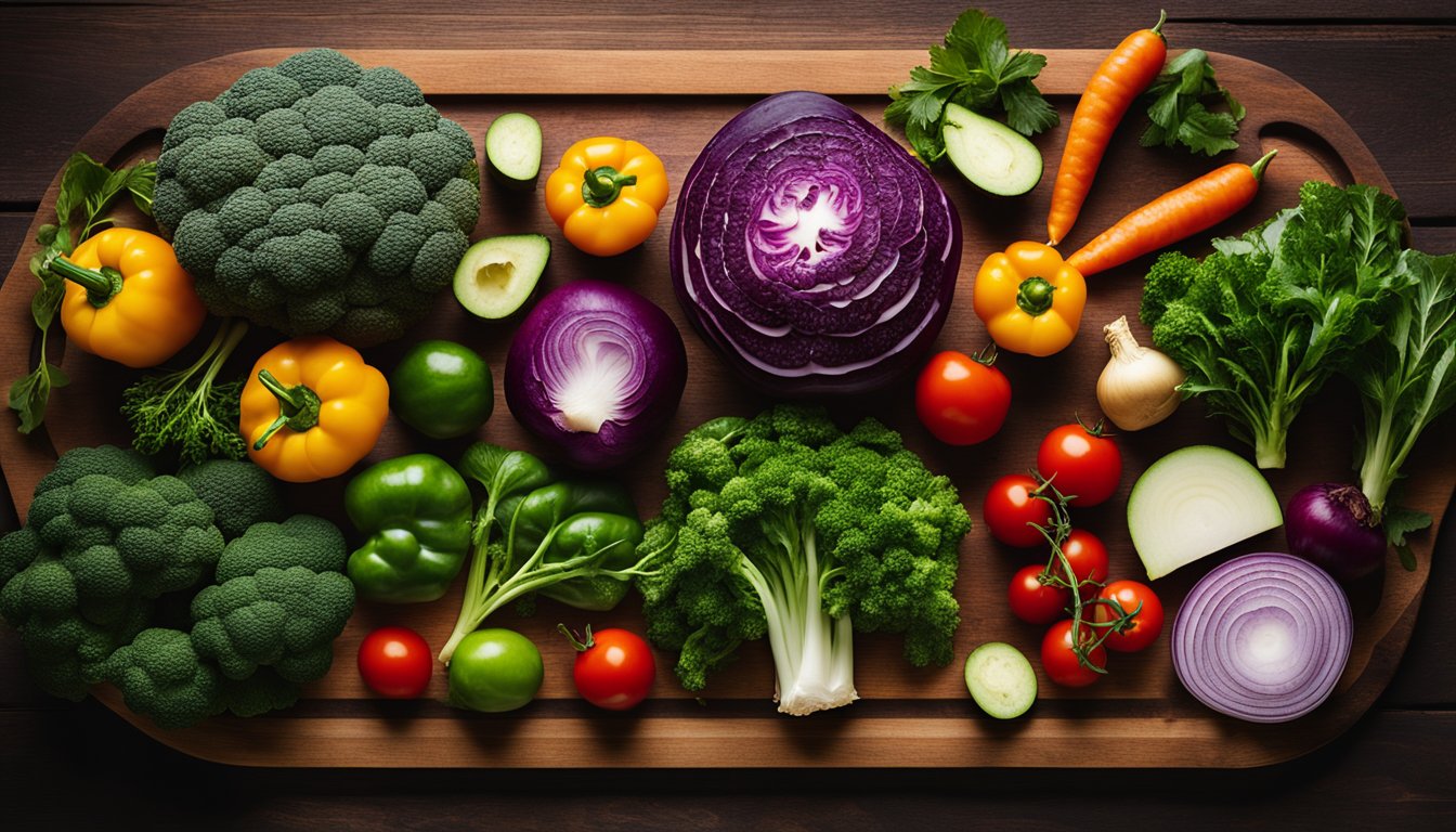 A variety of fresh vegetables, including broccoli, bell peppers, carrots, onions, and leafy greens arranged neatly on a wooden board.