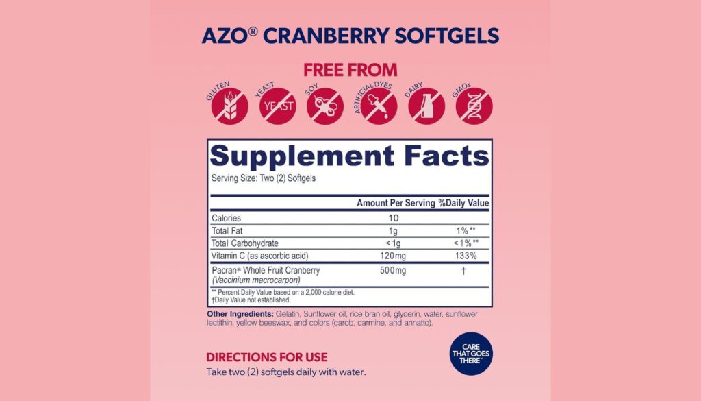 AZO Cranberry Softgels Supplement Facts and Ingredients