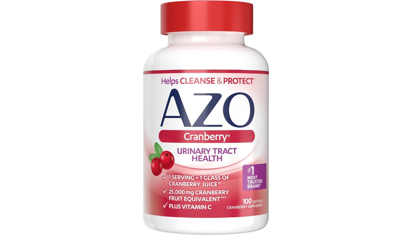 A bottle of AZO Cranberry Urinary Tract Health supplement with 100 softgels, featuring cranberry fruit and vitamin C.