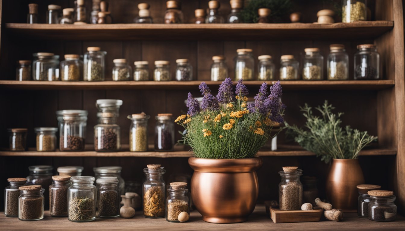 A variety of dried herbs and spices stored in clear glass jars on wooden shelves, with a copper pot containing fresh purple and yellow flowers in the foreground.