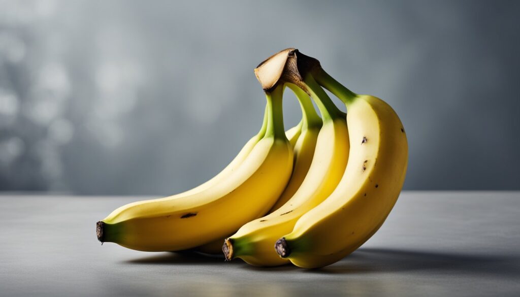 A bunch of ripe yellow bananas with a few brown spots on a smooth surface, against a blurred gray background.