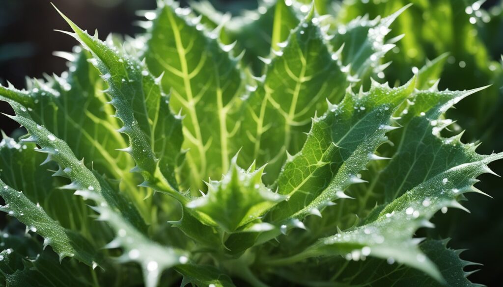Close-up of Lactuca serriola (Prickly Lettuce) leaves with dew drops.