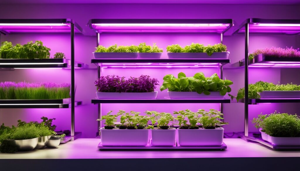 Multiple shelves with LED grow lights illuminating various herbs in a controlled indoor environment.