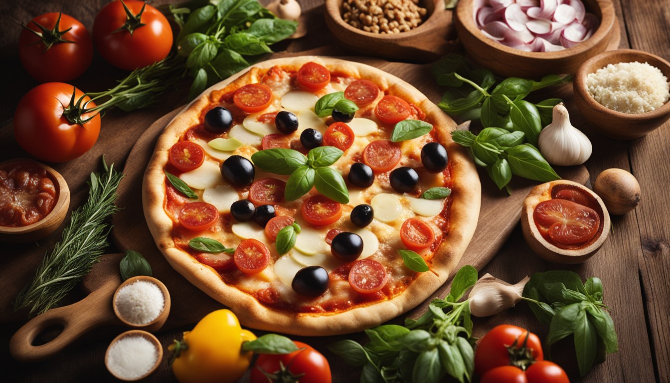 A freshly baked pizza topped with melted cheese, tomato slices, black olives, and fresh basil leaves on a wooden surface surrounded by ingredients like tomatoes, garlic, herbs, and spices.