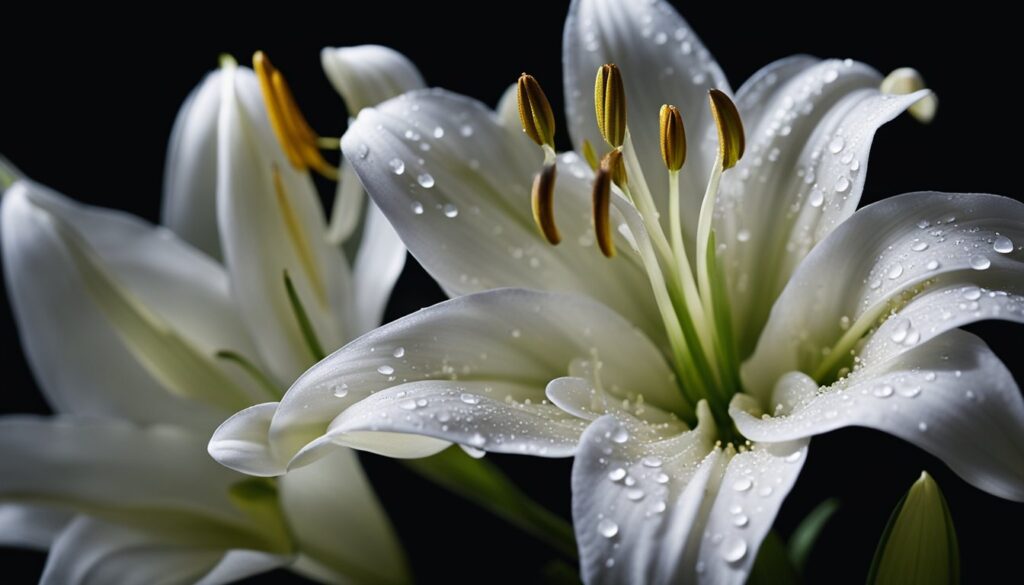 Close-up of white lilies with water droplets on the petals against a black background.