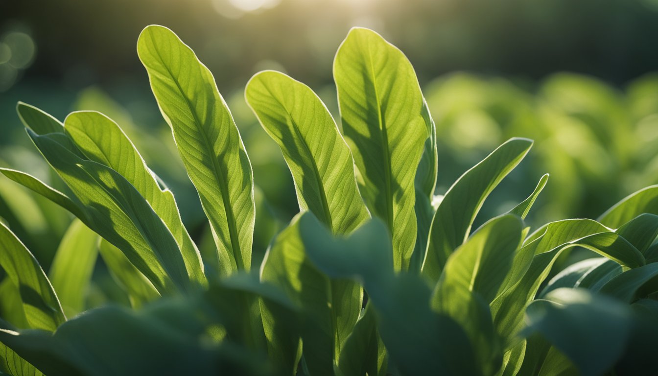 Close-up of Broadleaf Plantain leaves with sunlight filtering through.