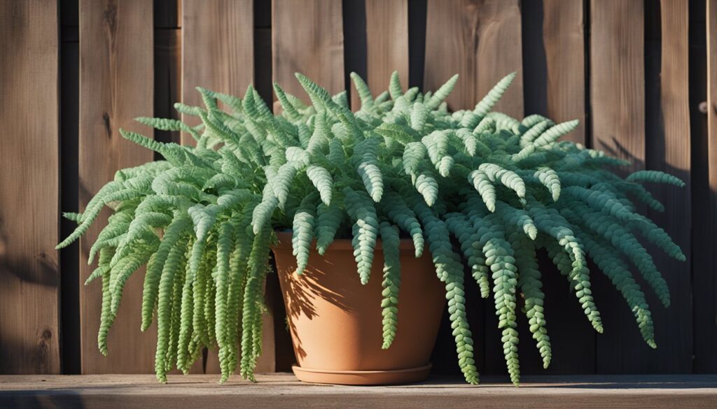 A potted Burro’s Tail plant with long, trailing stems covered in densely packed, plump green leaves, placed against a wooden fence background.