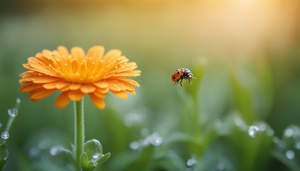 A vibrant orange Calendula flower covered in water droplets with a ladybug on one of its petals, set against a soft-focus background of greenery and sunlight.