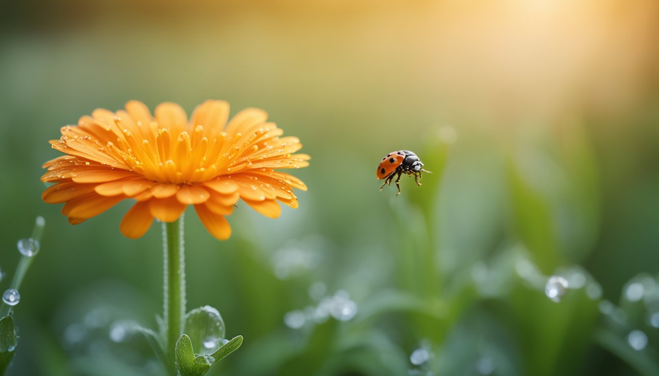 A vibrant orange Calendula flower covered in water droplets with a ladybug on one of its petals, set against a soft-focus background of greenery and sunlight.