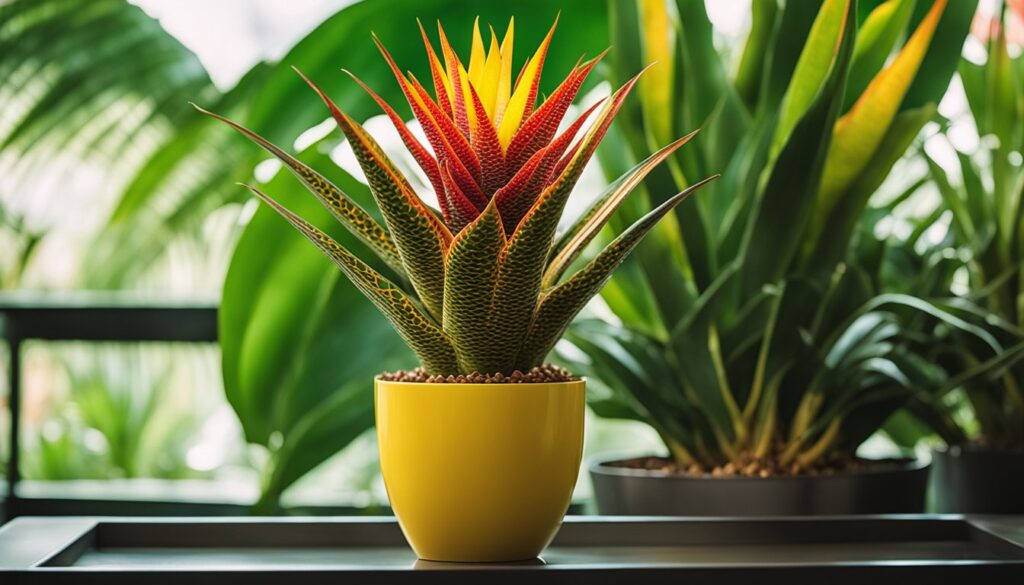 A vibrant Vriesea plant with red and yellow leaves in a yellow pot, placed on a tray with other green plants in the background.