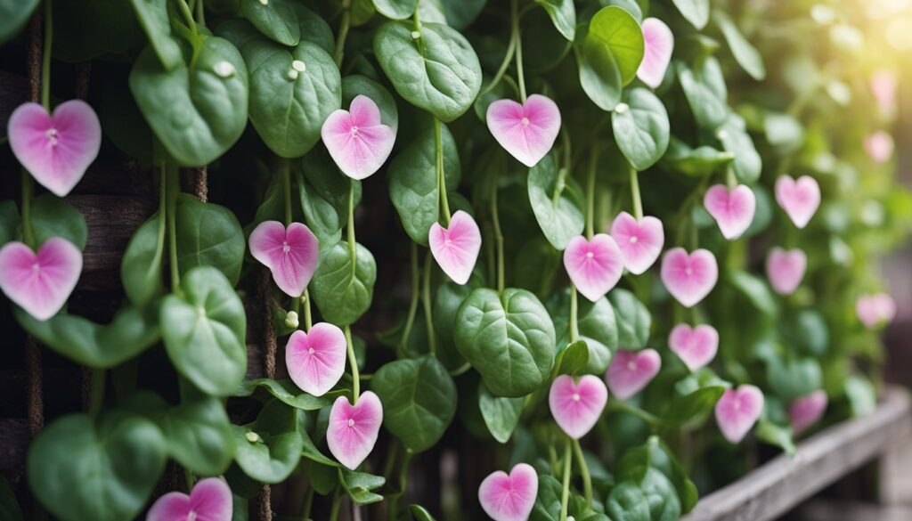 A vibrant image of climbing spinach with heart-shaped green leaves and pink flowers growing on a vertical surface.