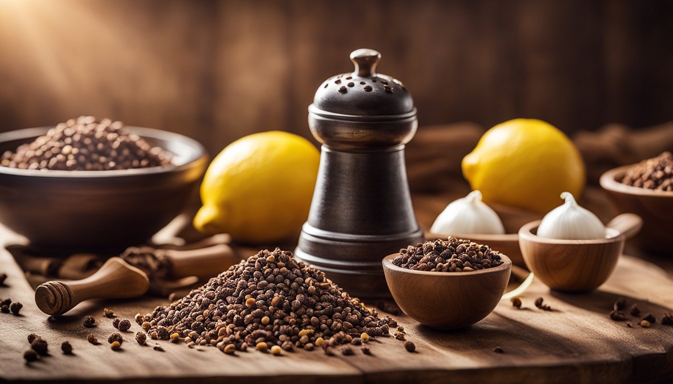 A wooden table with a pile of cloves, a pepper grinder, two lemons, and two garlic bulbs. Various wooden bowls and scoops filled with cloves are also present.