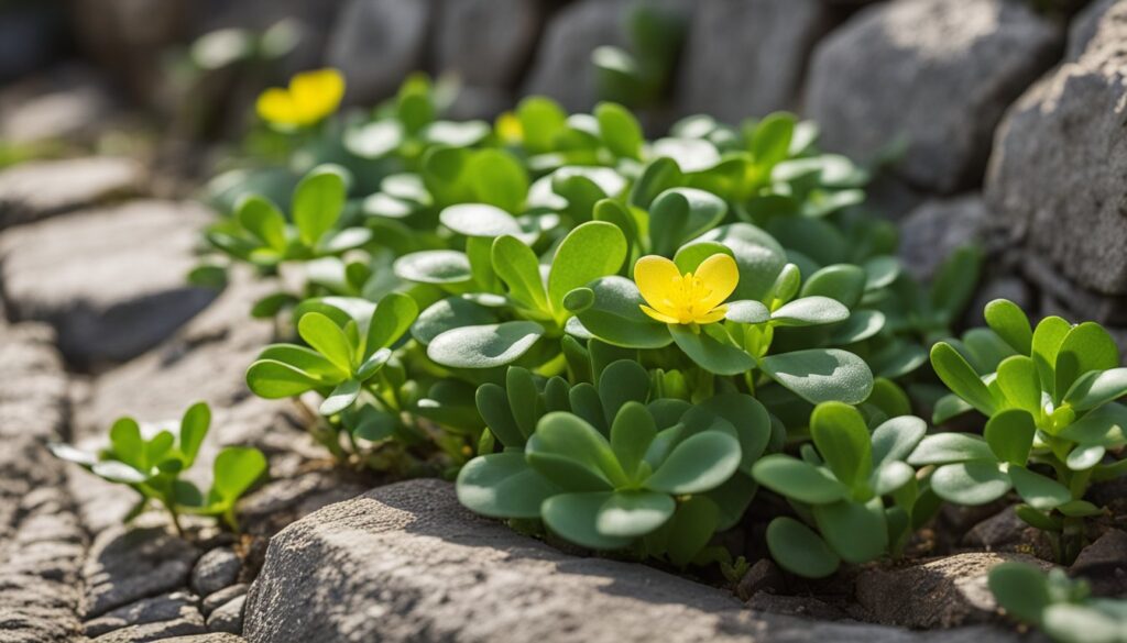 A cluster of Common Purslane plants with thick, green leaves and a single bright yellow flower growing among rocks.