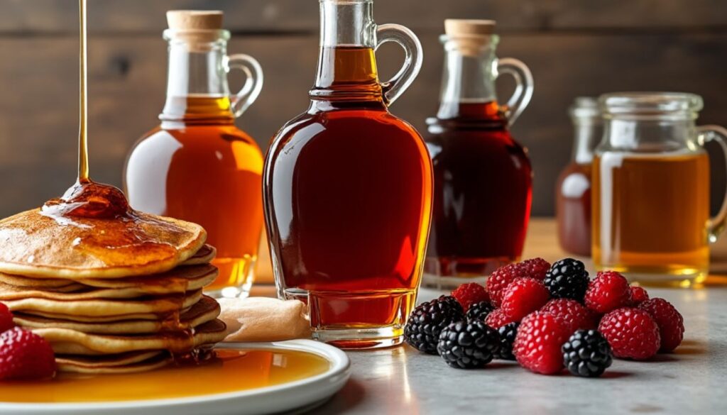 A variety of syrup substitutes for Karo syrup displayed on a wooden table, including a stack of pancakes with syrup being poured on top, glass jars filled with amber-colored syrups, and fresh berries.