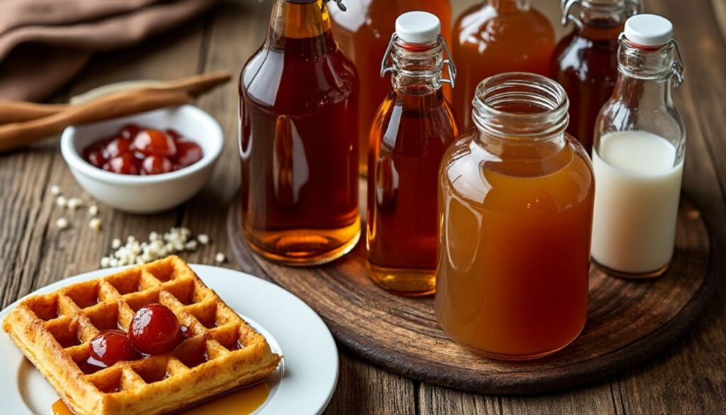 A variety of Karo syrup substitutes displayed on a wooden table, including bottles of amber-colored liquid, a jar of honey-like substance, and a bowl with a red viscous sauce.