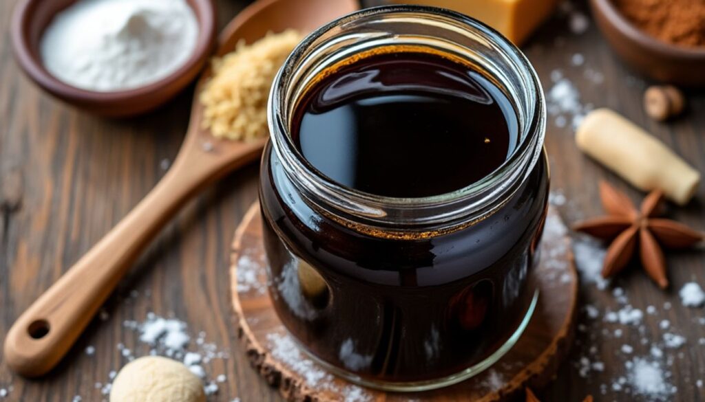 A jar of dark syrup surrounded by various sweetening ingredients like white and brown sugar, with baking utensils in the background.