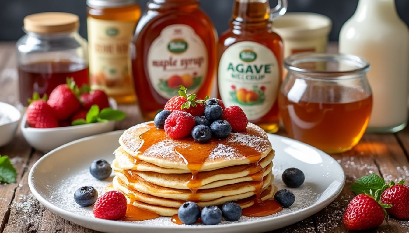 A stack of pancakes topped with butter and syrup, surrounded by fresh strawberries and blueberries, with bottles of honey, apple syrup, and agave nectar in the background.