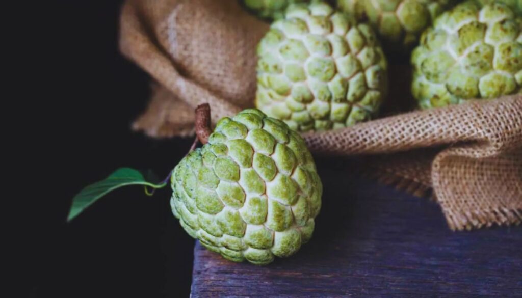 A close-up image of a custard apple with a vibrant green leaf on a dark wooden surface, against a blurred background with more custard apples and burlap fabric.