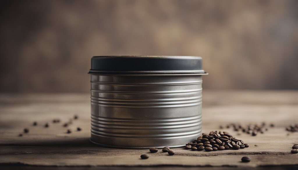 A vintage coffee tin with a slightly rusted lid, partially open, showing dry and pale coffee grounds against a soft, muted background.