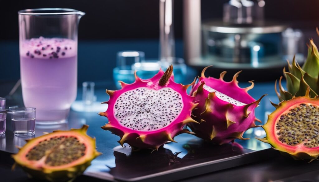 A vibrant image showcasing sliced dragon fruit with a white and black speckled interior, alongside a glass of dragon fruit smoothie on a modern kitchen counter.