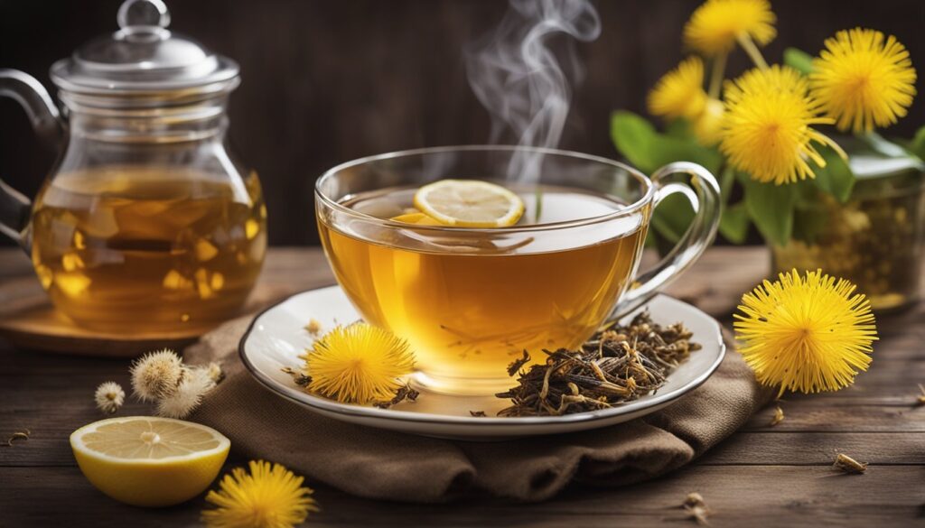 A transparent glass teapot filled with amber-colored tea next to a clear glass cup of dandelion tea with a slice of lemon on a saucer, surrounded by fresh dandelion flowers and loose tea leaves on a wooden surface.