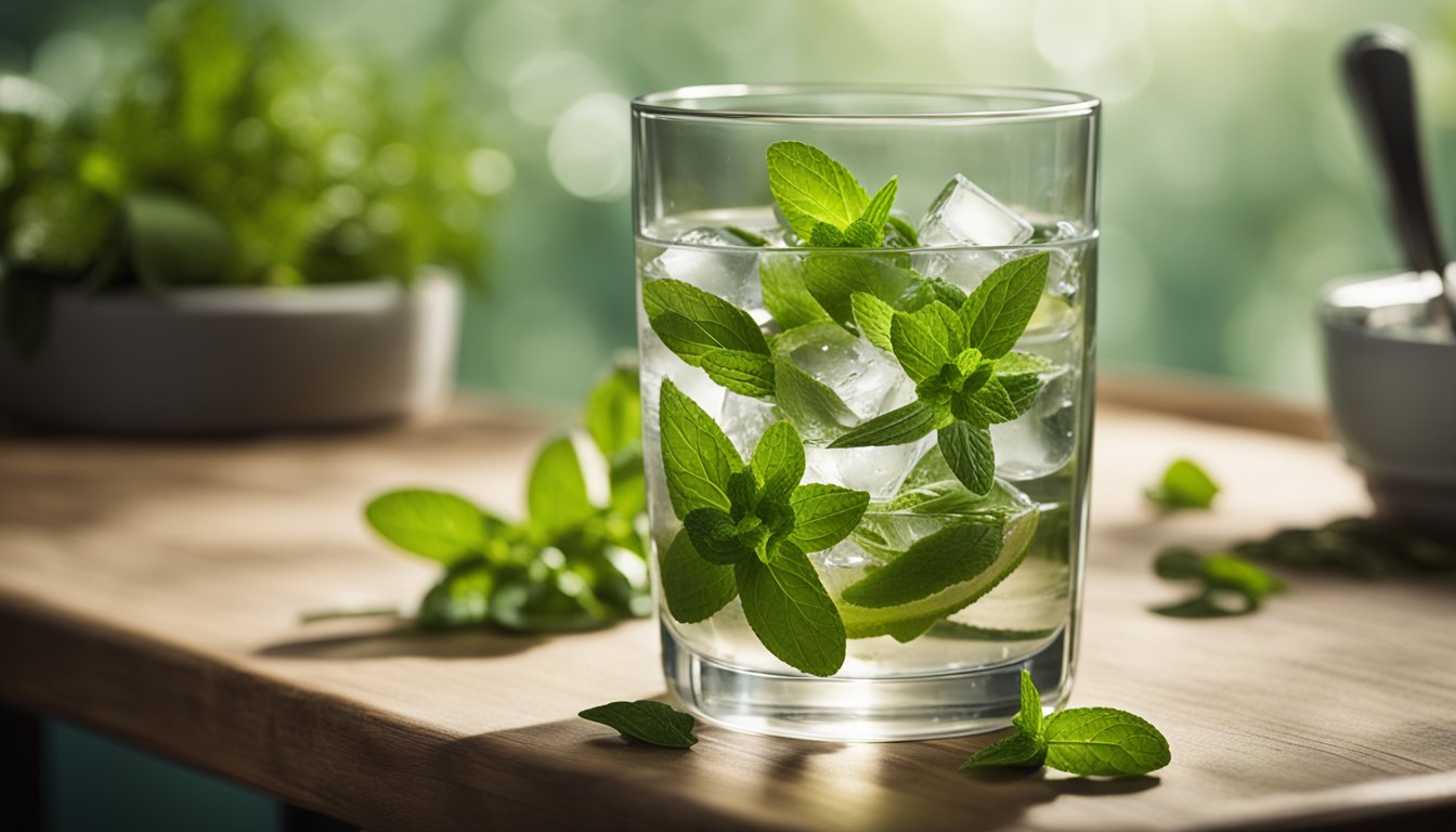 A glass of water with ice cubes, fresh mint leaves, and lime slices on a wooden table, with a bowl of herbs in the background.