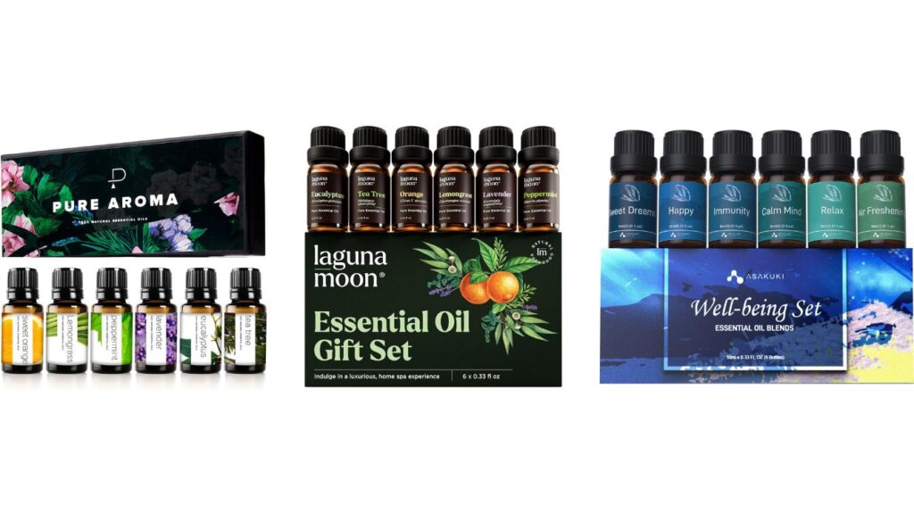 Three sets of essential oils for aromatherapy from different brands, including Pure Aroma, Lagunamoon, and Asakuki.