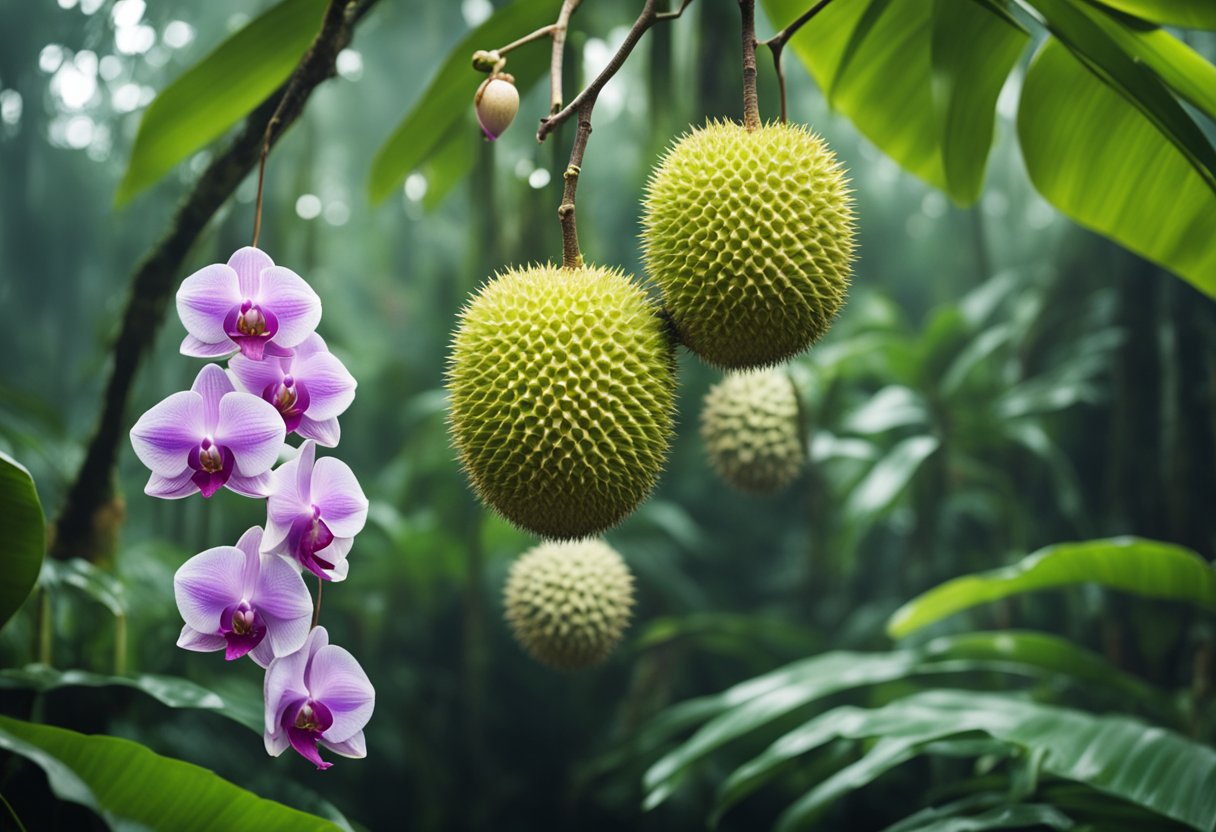 A close-up image showcasing durian fruits hanging from a tree branch, with a cluster of purple orchids on the side, set against a misty tropical forest backdrop.