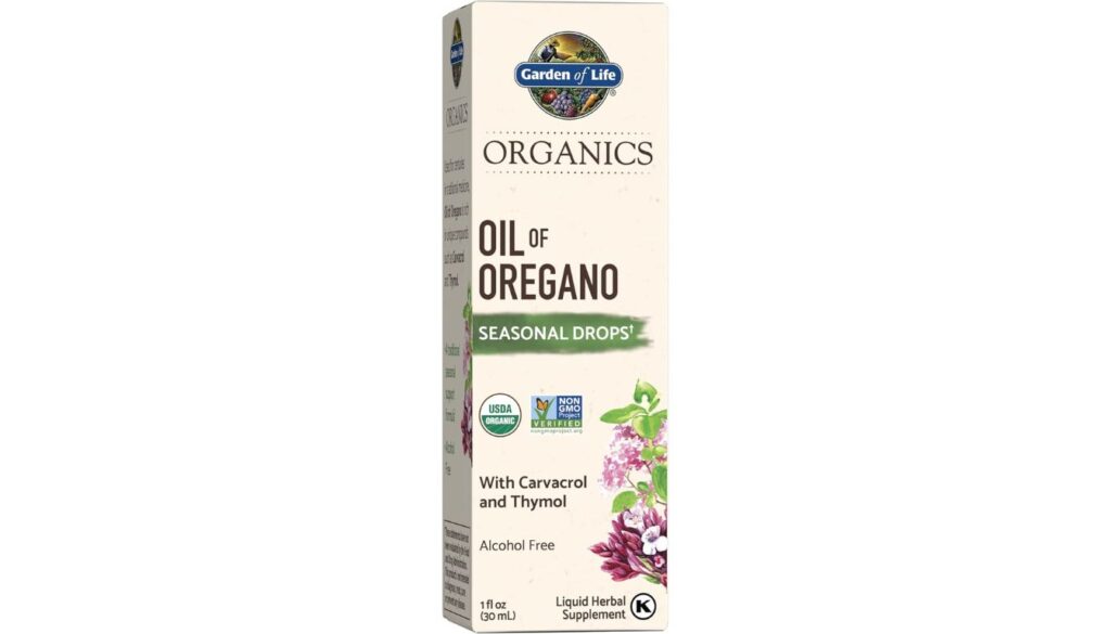 A box of Garden of Life Organics Oil of Oregano Seasonal Drops, featuring labels for USDA Organic and Non-GMO Project Verified.