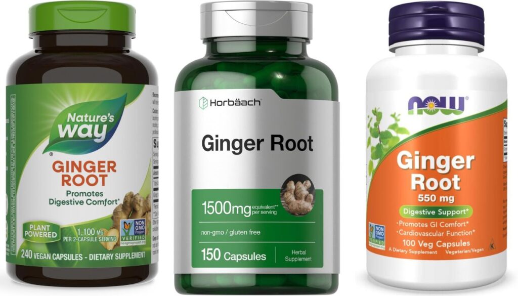 Three bottles of ginger root supplements from different brands: Nature's Way, Horbäach, and NOW.