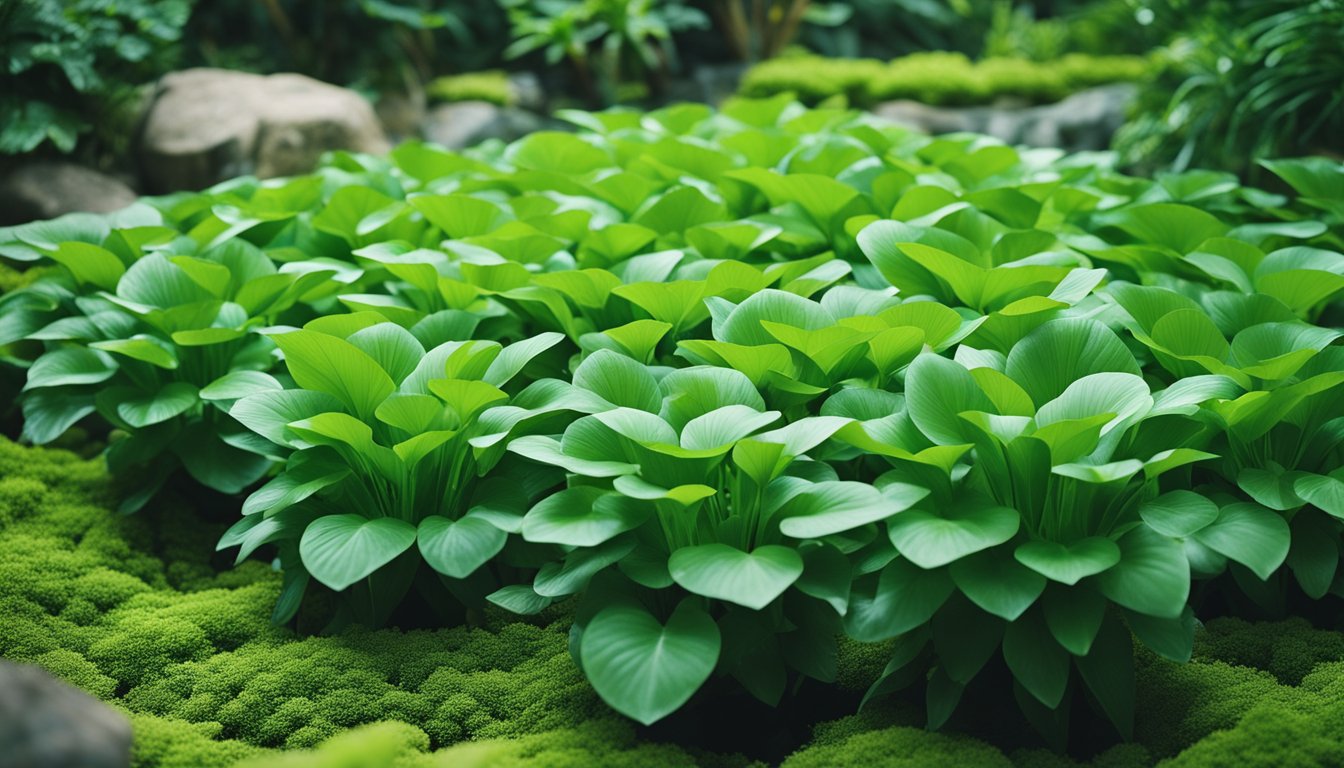 A lush garden bed filled with vibrant green Dasheen Taro plants, surrounded by moss and rocks.