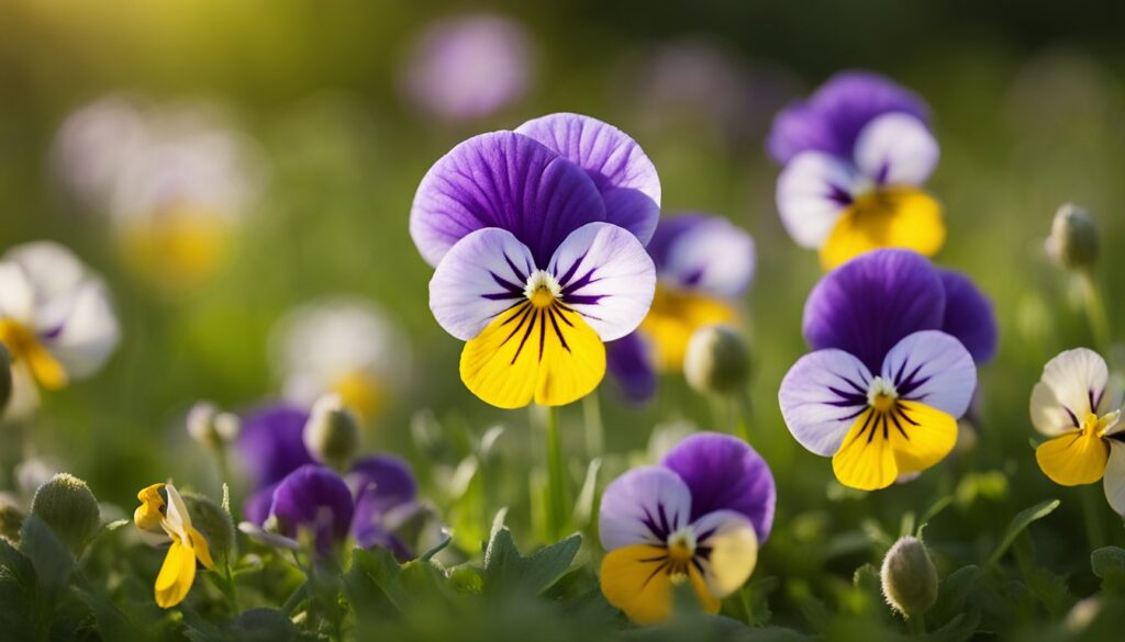 Close-up of Johnny Jump Up flowers with vibrant purple, white, and yellow petals, blooming in a sunlit garden.