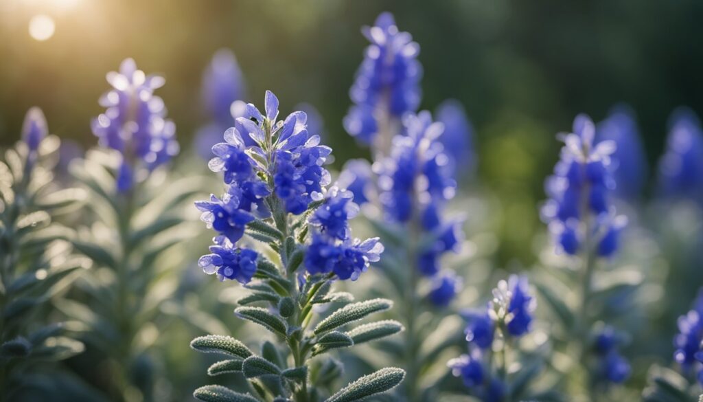 Close-up of blooming Mealycup Blue Sage (Salvia farinacea) flowers with vibrant blue petals and fuzzy green leaves, bathed in warm sunlight.