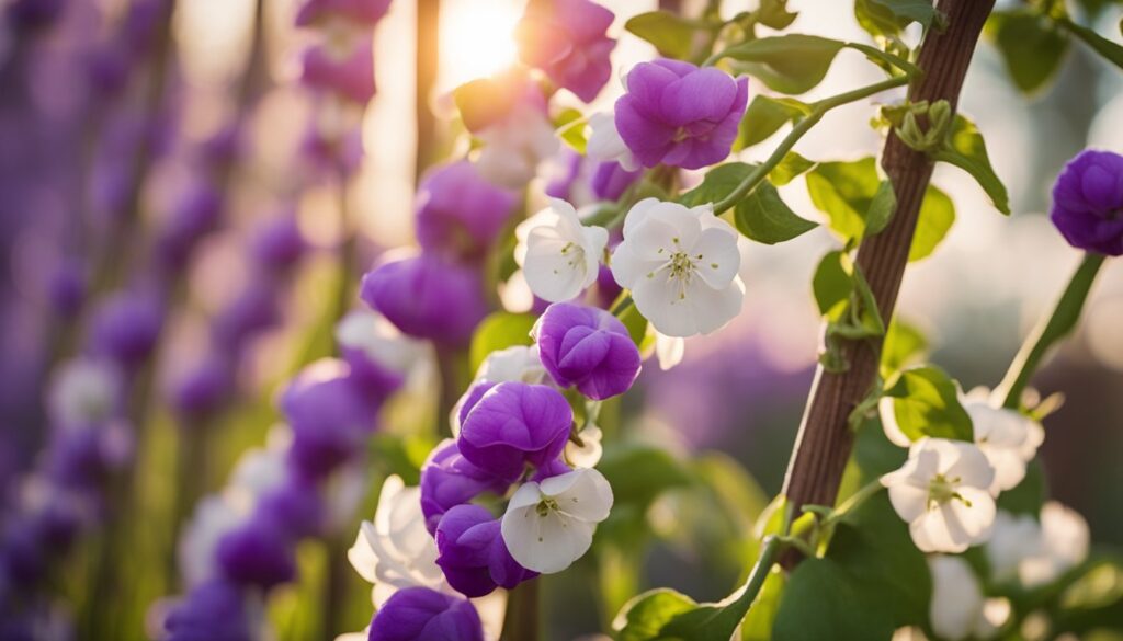 Lush pole bean plants with green leaves and delicate flowers growing on vertical supports.