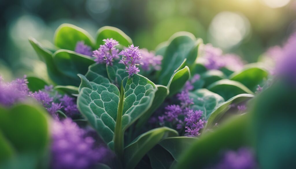 Close-up of Scaredy Cat plants with vibrant green leaves and small purple flowers.