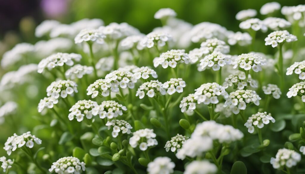 A close-up view of blooming sweet alyssum flowers with clusters of small white blossoms and green foliage.