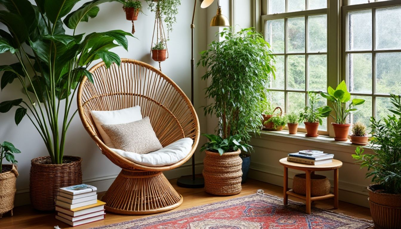 An indoor setting with a large bamboo palm tree in the corner, next to a window providing natural light. A rattan chair with a cushion sits in the foreground, surrounded by various potted plants and hanging greenery.