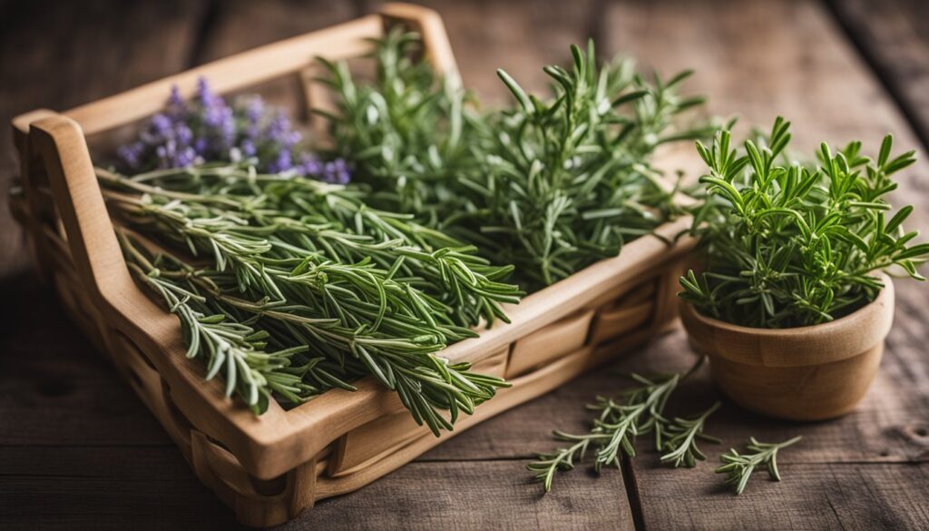 A wooden tray filled with fresh rosemary and a small bunch of lavender, alongside a wooden bowl containing more rosemary, set on a rustic wooden table.