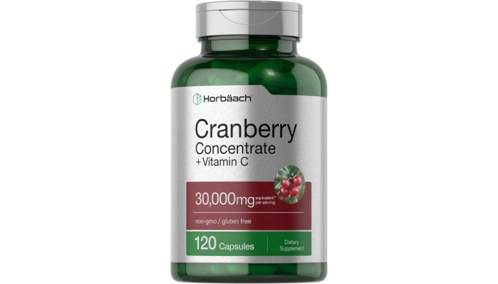 A bottle of Horbäach Cranberry Concentrate \u002B Vitamin C dietary supplement containing 120 capsules.