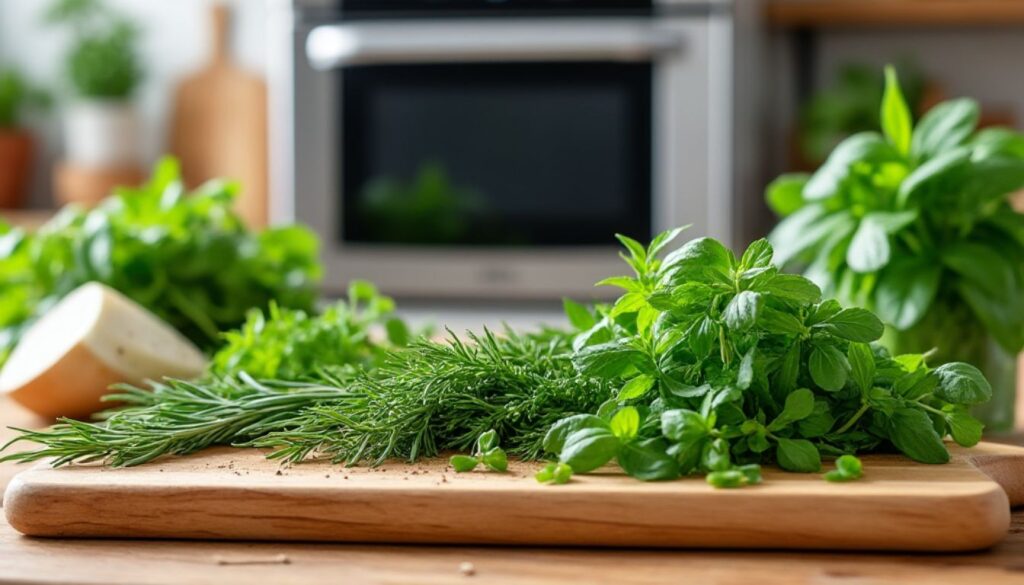 A variety of fresh herbs on a wooden cutting board in the foreground with a combi oven visible in the background.