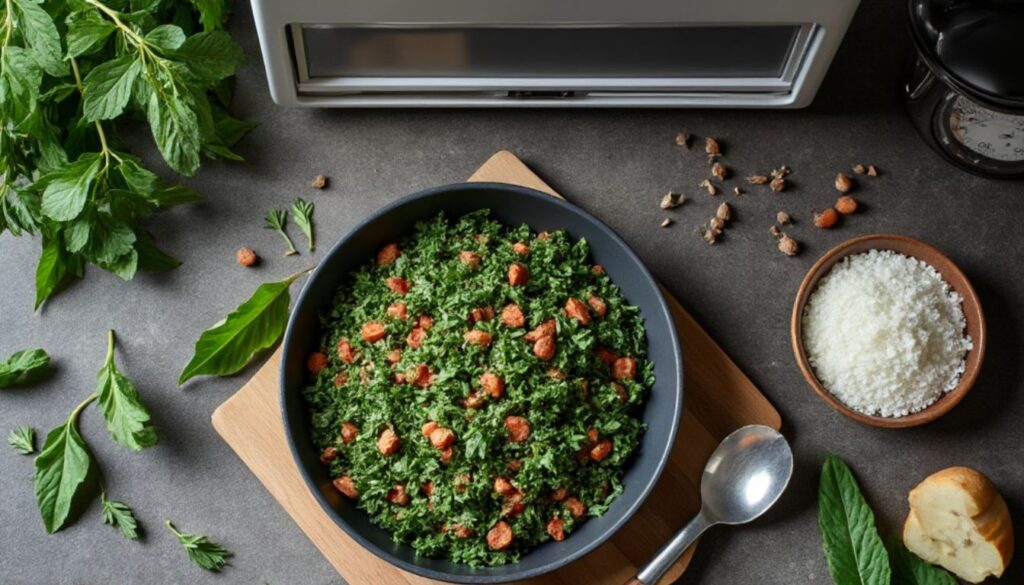 A large bowl of herbal dish with green leaves and nuts on a wooden board, next to a Combi Oven.