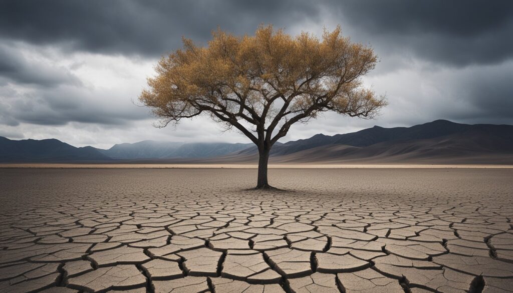 A solitary tree with a full canopy of leaves standing in the center of a dry, cracked landscape, presumably a desert.