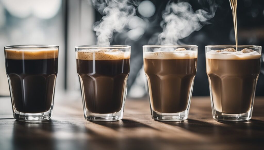 Four different styles of coffee in clear glasses are displayed side by side on a wooden surface, with steam rising from them, indicating they are hot.